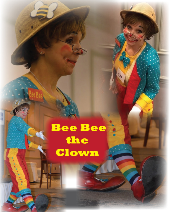 Collage of Bee Bee the Clown's costume and clown shoes.