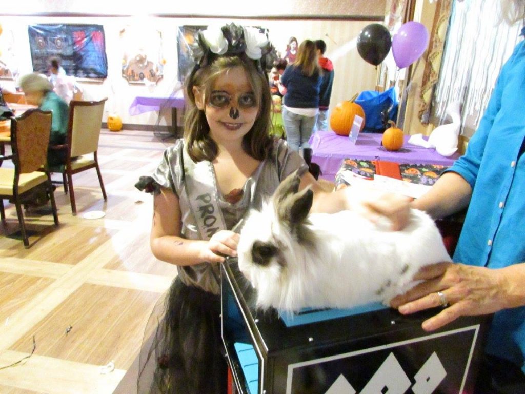 Girl with skeleton Halloween face paint pets a magic bunny.