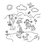 Coloring page with Bee Bee in Spring with ducks, cat, insects, flowers, sun.