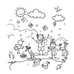 Coloring page with springtime sun, frogs, birds, flowers, musical notes.