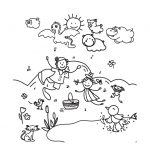 Coloring page with animal clouds and Bee Bee and girl dancing.