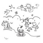 Coloring page with girl looking at spring time birds, frog and insects.