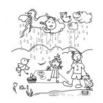 Coloring page with rain drops at a picnic with Bee Bee the Clown.