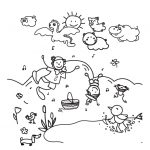 Coloring page of a boy doing a hand-stand with animal clouds and pond life.