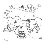 Coloring page of a boy with animal clouds, pond, birds, and frogs and insects.