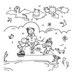 Coloring page of a picnic with Bee Bee the Clown, animal clouds, pond, birds, and frogs.
