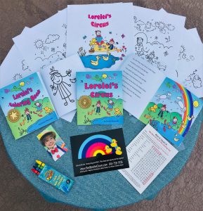 Personalized book, coloring book and pages, crayons, duck erasers, wordsearch, rainbow card.