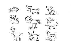 Cartoon line drawings of a turtle, dog, bunny, cat, horse, sheep, goat, pig, chicken.